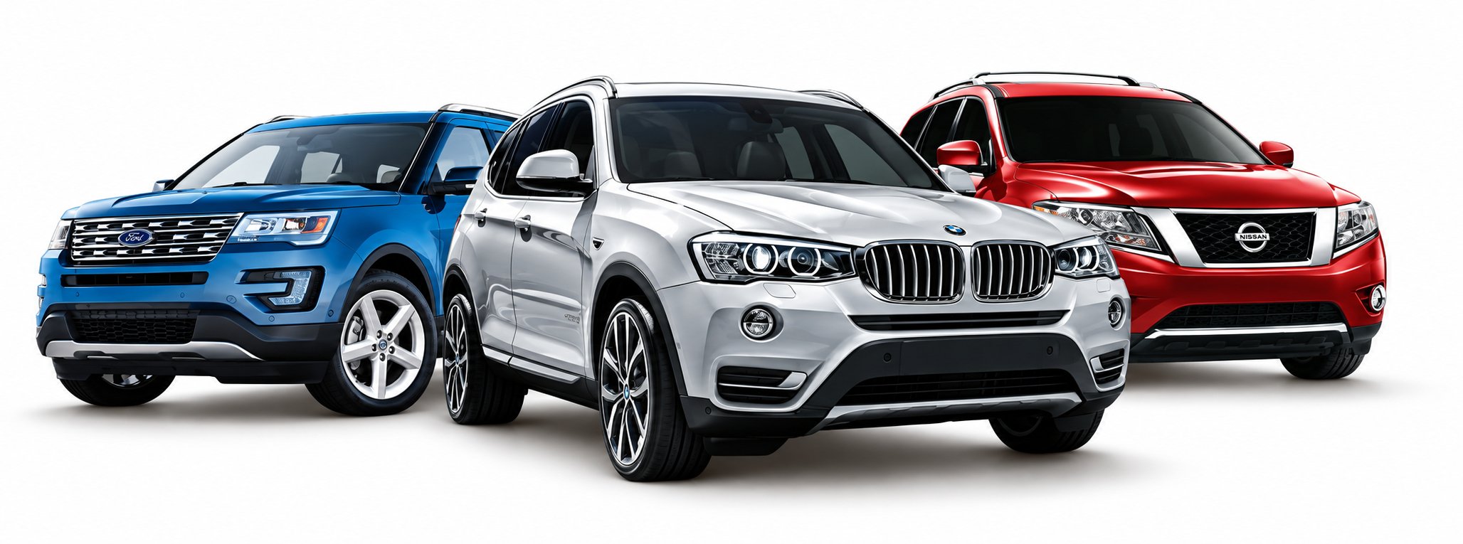 Blue Ford, silver BMW and red Nissan SUVs